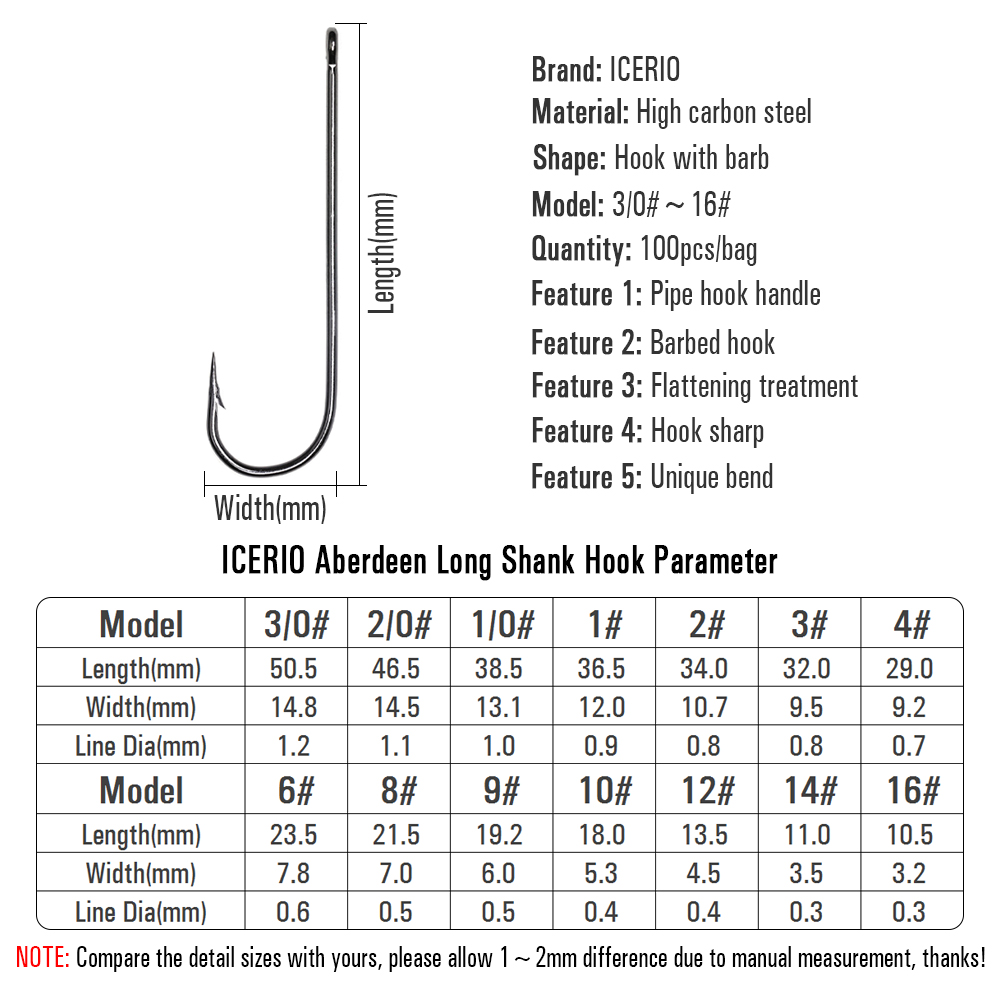 ICERIO 100PCS 16# - 3/0 Long S - Fishing Hook Barbless 评论和价格